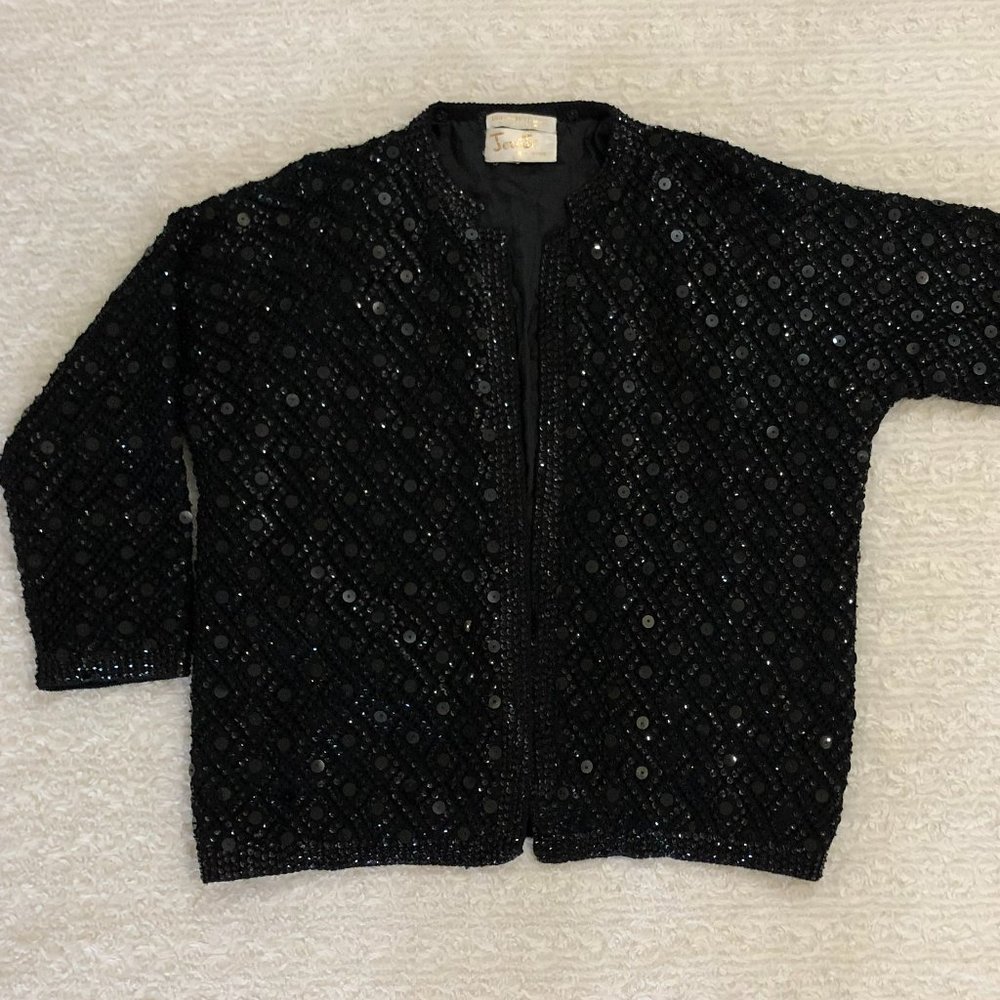 Vintage 60s JeriJo NY Sequin Beaded Cardigan 100% Zephyr Wool Black L22 Chest 21
